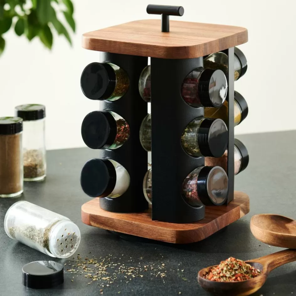 CASA ACACIA LUX Carrousel à épices 12 Pots Pivotant 360° Noir, Naturel Discount